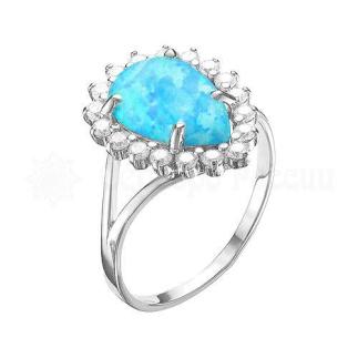 Кольцо из серебра с голубым опалом и фианитами родированное