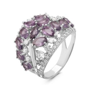 Кольцо из серебра с пл.кварцем цв.аметист и фианитами родированное
