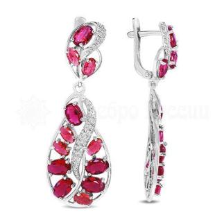 Серьги из серебра с кварцем рубин и фианитами родированные