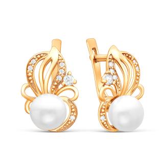 Серьги из золочёного серебра с культивированным белым жемчугом и фианитами