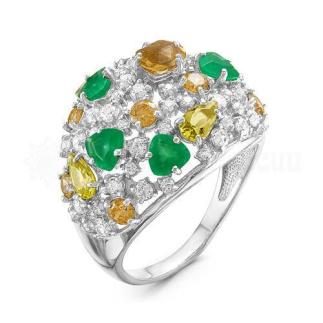 Кольцо из серебра с кварцем хризопраз, цитрин и фианитами родированное