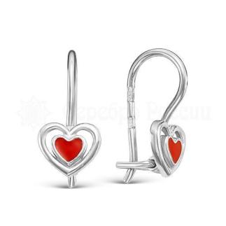 Серьги детские на петле из серебра с эмалью родированные - Сердечки 