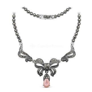 Колье из чернёного серебра с перламутром и марказитами - Бант 