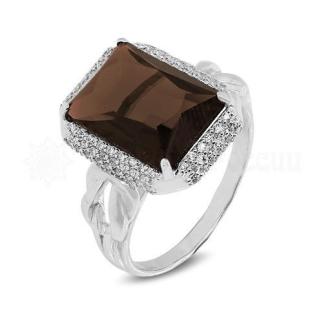 Кольцо из серебра с кварцем раухтопаз и фианитами родированное