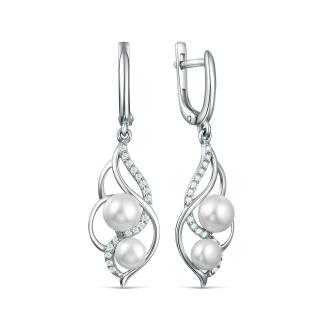 Серьги из серебра с культивированным жемчугом и фианитами родированные