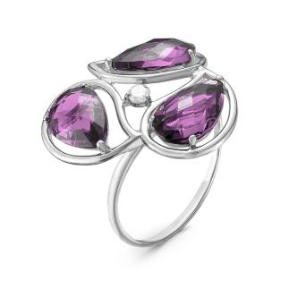 Кольцо из серебра с пл.кварцем цв.аметист и фианитом родированное