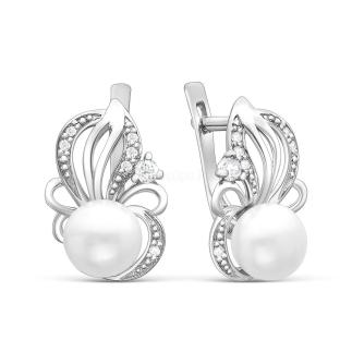 Серьги из серебра с культивированным жемчугом и фианитами родированные