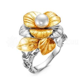 Кольцо из серебра родированное с жемчугом Swarovski и золочением