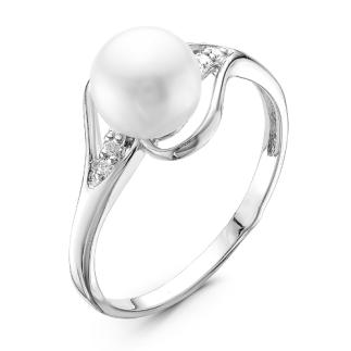 Кольцо из серебра с культ.жемчугом и фианитами родированное