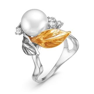 Кольцо из серебра родированное с жемчугом Swarovski, фианитами и золочением