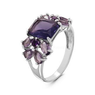 Кольцо из серебра с пл.кварцем цв.аметист и фианитами родированное