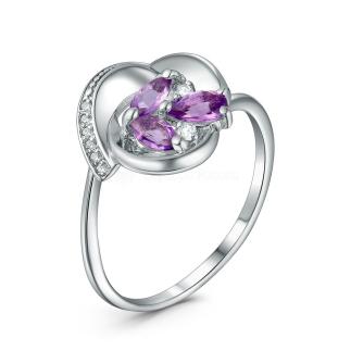 Кольцо из серебра с натуральным аметистом и фианитами родированное