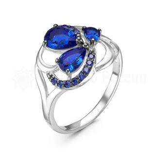 Кольцо из серебра с кварцем сапфир и фианитами родированное