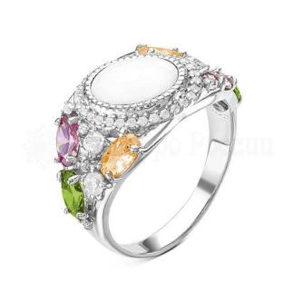 Кольцо из серебра с белым агатом, кварцем родолит и фианитами родированное