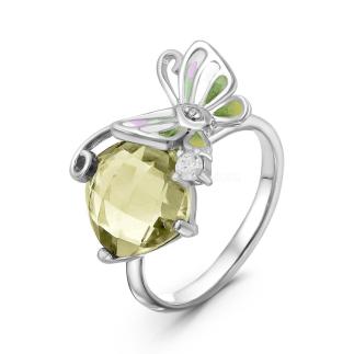 Кольцо из серебра с эмалью, нат.кварцем и куб.цирконием родированное