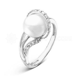 Кольцо  из серебра с культ.жемчугом и фианитами родированное 
