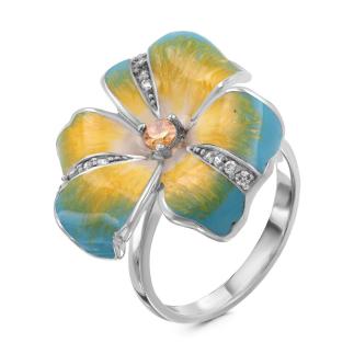 Кольцо из серебра с эмалью и фианитами родированное