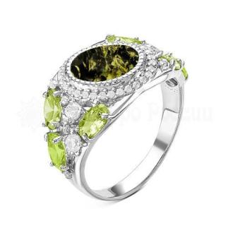 Кольцо из серебра с зеленым янтарем и фианитами родированное