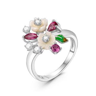 Кольцо из серебра с перламутром, нат.родолитом, кб.цирконием и эмалью родированное