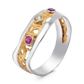 Кольцо из золочёного серебра с корундом, нат.аметистом, нат.хризолитом и родированием