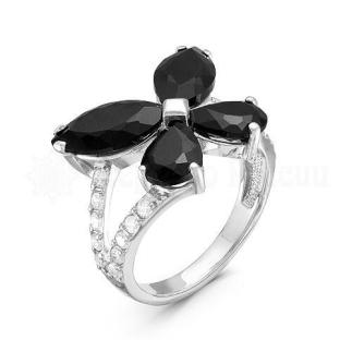 Кольцо из серебра с черным кварцем и фианитами родированное