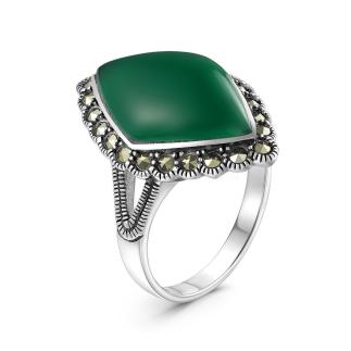 Кольцо из чернёного серебра с зелёным агатом и марказитами 