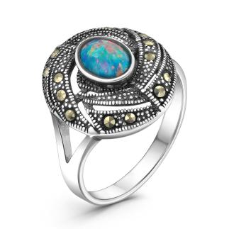 Кольцо из чернёного серебра с синтетическим опалом и марказитами