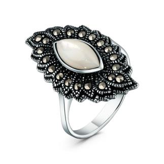 Кольцо из чернёного серебра с перламутром и марказитами