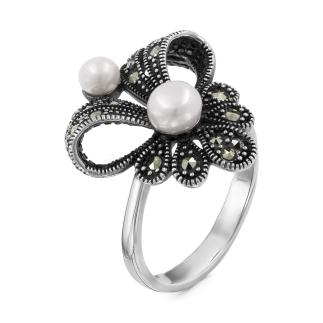 Кольцо из чернёного серебра с культ.жемчугом и марказитами
