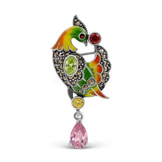 Кулон-брошь из чернёного серебра с гранатом, юв.стеклом, эмалью и марказитами