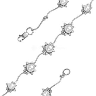 Колье из серебра с жемчугом Swarovski и фианитами родированное