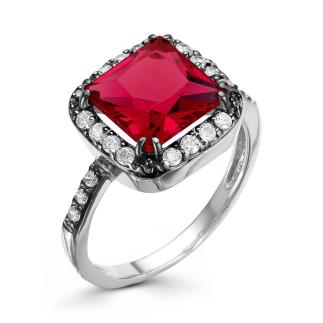 Кольцо из серебра с пл.кварцем цв.гранат и фианитами родированное