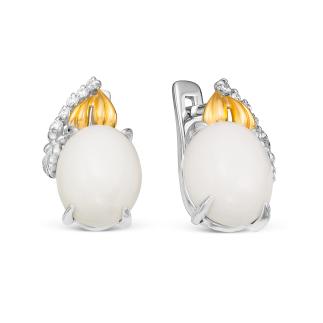 Серьги из серебра с белым агатом, фианитами и частичным золочением родированные