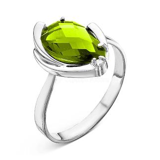 Кольцо из серебра с пл.кварцем цв.хризолит и фианитами родированное