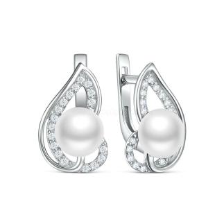 Серьги из серебра с культивированным жемчугом и фианитами родированные