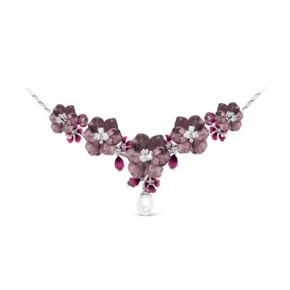 Колье из серебра с синт.родолитом, куб.цирконием, культ.речным жемчугом и эмалью родированное