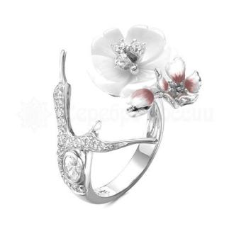 Кольцо из серебра с перламутром,  куб.цирконием и эмалью родированное