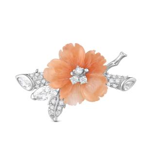 Крупная женская брошь из серебра с цветком из нат.жадеита, усыпанная куб.цирконием родированная