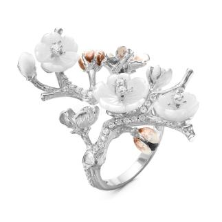 Кольцо из серебра с перламутром, куб.цирконием и эмалью родированное