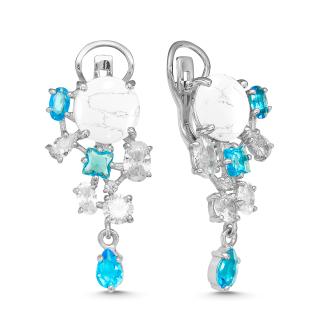 Серьги из серебра с рек.белым агатом, пл.кварцем цв.swiss топаз и фианитами родированные