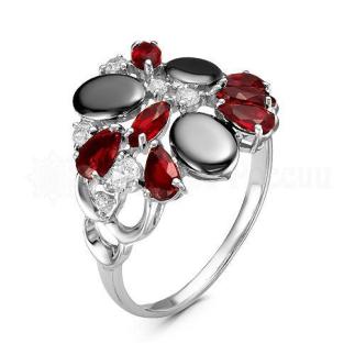 Кольцо из серебра с кварцем гранат и фианитами родированное
