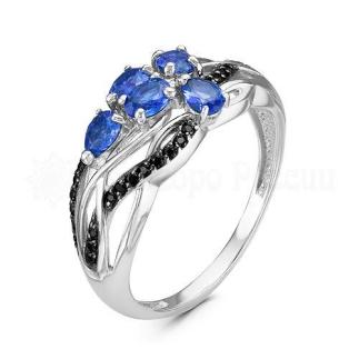 Кольцо из серебра с кварцем сапфир и фианитами родированное