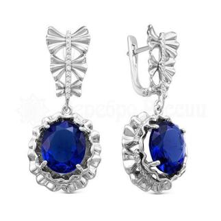 Серьги из серебра с кварцем сапфир и фианитами родированные