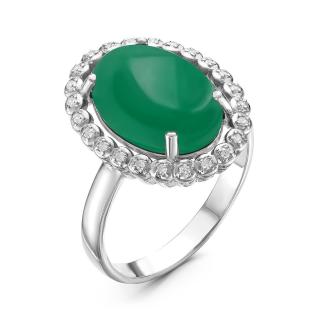 Кольцо из серебра с рек.зелёным агатом и фианитами родированное