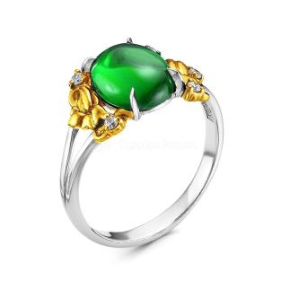 Кольцо из серебра с реконстр. зелёным агатом, фианитами и золочением родированное
