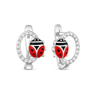 Серьги детские из родированного серебра с эмалью и фианитами - Божьи коровки