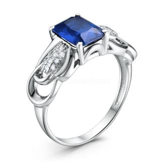 Кольцо из серебра с плавленым кварцем цвета сапфир и фианитами родированное