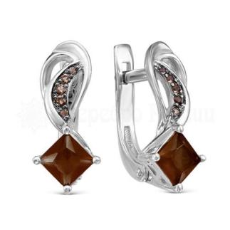 Серьги из серебра с кварцем раухтопаз и фианитами родированные