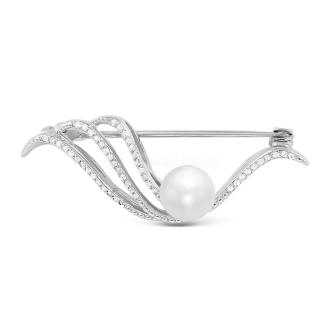 Брошь из серебра с культ.жемчугом и фианитами родированная