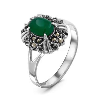Кольцо из чернёного серебра с нат.зелёным агатом и марказитами